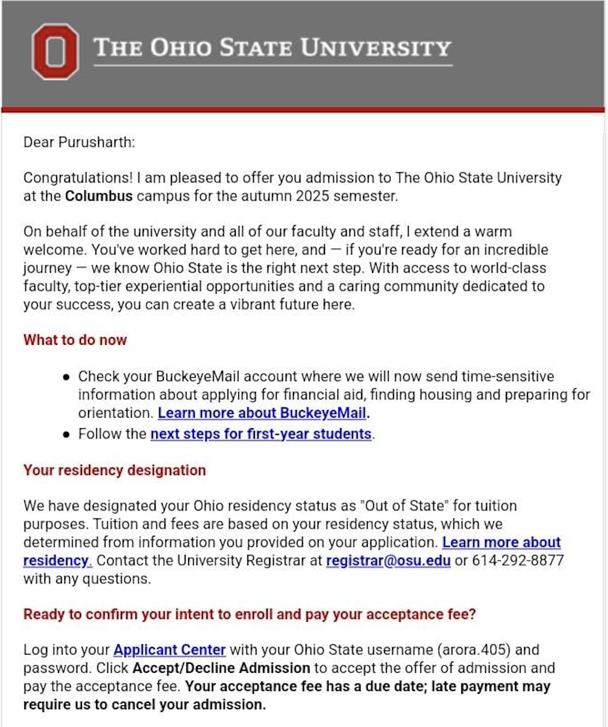 University offer letter