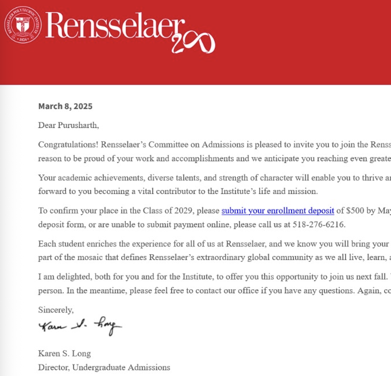 University offer letter