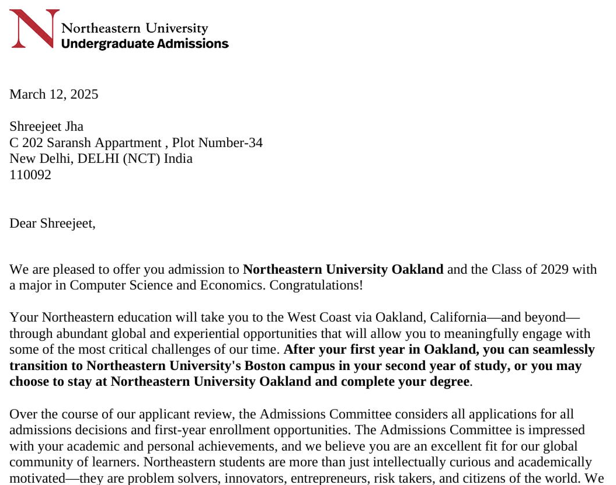 University offer letter