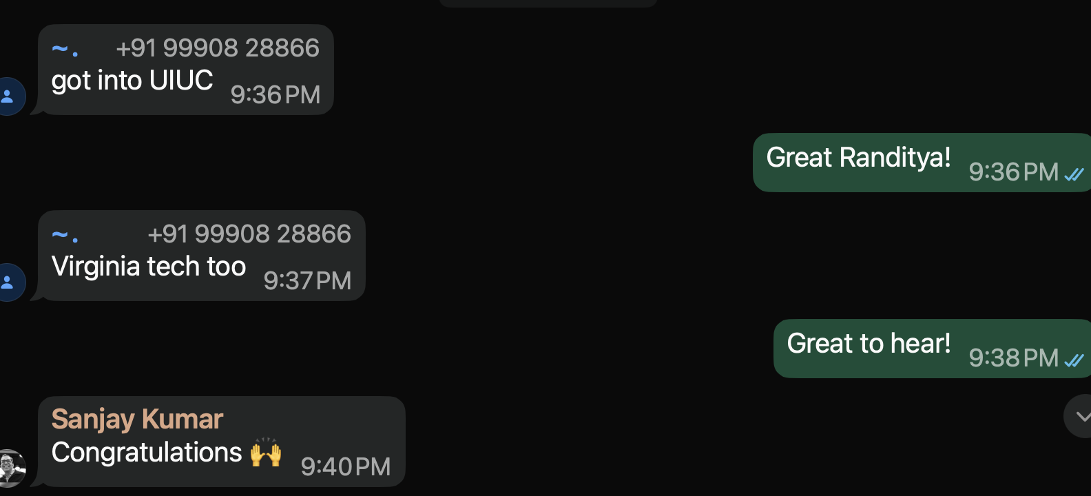 Student texting they got into UIUC and Virginia Tech