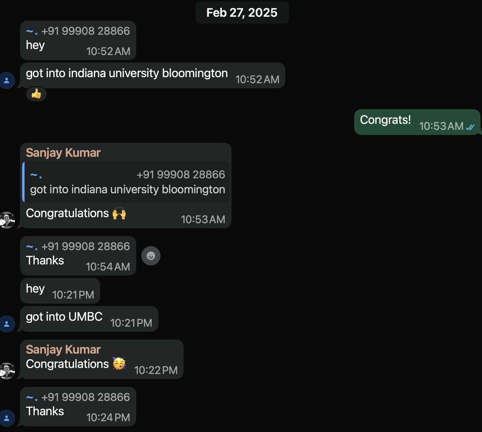 Student texting they got into Indiana University and UMBC