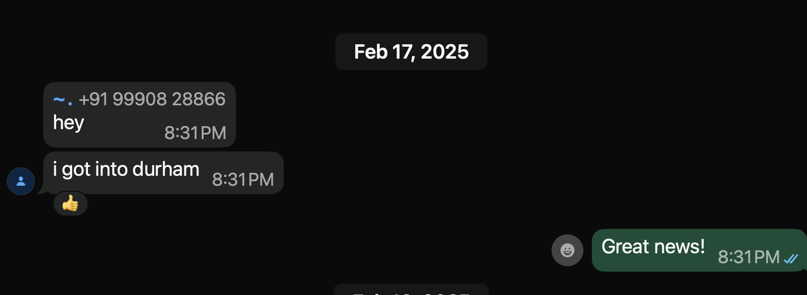 Student texting they got into Durham University