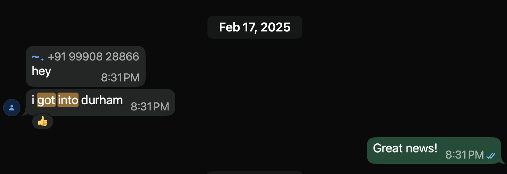 Student texting they got into Durham University